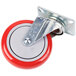 A metal plate caster with a red wheel.
