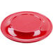 A red melamine plate with a wide rim.