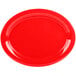 A red oval platter with a black border on a white background.