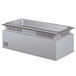 A large rectangular stainless steel container with a lid inside a metal drop-in hot food well.