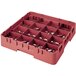 A red plastic Cambro glass rack with a grid and 16 compartments.