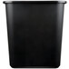 A black plastic trash can with a lid.