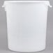 A white Rubbermaid polyethylene food storage container with a white plastic lid.