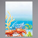 Menu paper with a white background and a yellow and blue ocean design featuring lobsters and corals.