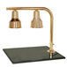 A Hanson Heat Lamps brass carving station with two lamps over a black granite surface.