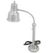 A Hanson Heat Lamps chrome freestanding heat lamp with a curved neck and round metal base.