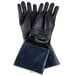A pair of black gloves with a blue cuff.