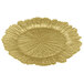 A set of 12 round gold glass charger plates with a scalloped edge.