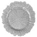 A set of 12 silver glass Charge It by Jay reef charger plates with a circular textured design.