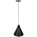 A Hanson Heat Lamps ceiling mount heat lamp with a black cone shaped shade hanging from a black cord.
