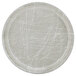A white round Cambro fiberglass tray with a gray abstract design.