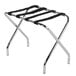 A Lancaster Table & Seating chrome luggage rack with black straps.