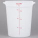 A white plastic Cambro food storage container with red measurement lines.