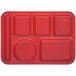 A red Carlisle 6 compartment tray with different shapes.