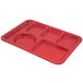 A red Carlisle melamine tray with six compartments.