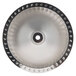 A silver metal circular blower wheel with holes in it.