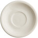 An Acopa ivory stoneware saucer with a narrow rim and a circle in the middle.