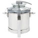 A stainless steel bowl with a lid for a Robot Coupe commercial food processor.