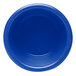A blue melamine ramekin with a white circle in the middle.