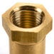 A brass nut threaded onto a gold orifice.