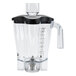 A clear polycarbonate blender jar with a black lid and handle.