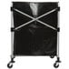 A black and silver Rubbermaid laundry cart with wheels.