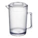A clear plastic pitcher with a handle and lid.