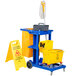 Lavex Janitorial Blue Cleaning / Janitor Cart Kit with Yellow Mop Bucket, Wet Floor Sign, Mop, and Caddy Main Thumbnail 2