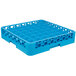 A blue plastic Carlisle glass rack with 49 compartments and holes in it.