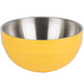 A yellow and silver Vollrath beehive serving bowl with stainless steel handles.