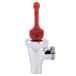 A Bunn chrome faucet assembly with a red cylindrical handle.