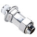 A chrome plated metal faucet shank assembly with a silver metal and white plastic cap.