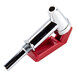 A red and silver metal pipe with a metal handle, the Bunn faucet assembly.