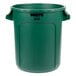 A green Rubbermaid Brute 10 gallon round plastic bin with handles.