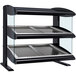 A black and silver Hatco countertop heated zone display case with glass shelves.