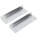 A pair of stainless steel brackets attached to a metal bar with a pair of metal plates with holes.