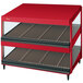 A red Hatco warm double shelf display case with glass shelves.