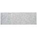 A white rectangular paper napkin band with blue and grey designs.
