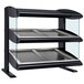 A black display case with slanted glass shelves.