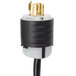 A close-up of a black and white plug with gold wires on a white background.