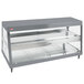 A stainless steel Hatco countertop food warmer with dual shelves in a grey granite display case.