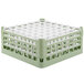 A light green plastic Vollrath glass rack with 49 compartments.
