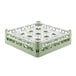 A light green Vollrath plastic glass rack with 16 medium compartments.