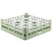 A green and white Vollrath glass rack with 9 compartments.