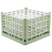 A white and green plastic Vollrath glass rack with 36 compartments.