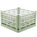 A light green Vollrath plastic glass rack with 16 compartments.
