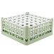 A light green plastic Vollrath glass rack with 36 white X-Tall Plus compartments.