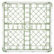 A white and green plastic Vollrath glass rack with 30 compartments.