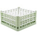 A light green plastic Vollrath glass rack with white bars.