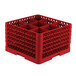 A red plastic Vollrath Traex glass rack with six compartments and an open rack extender on top.